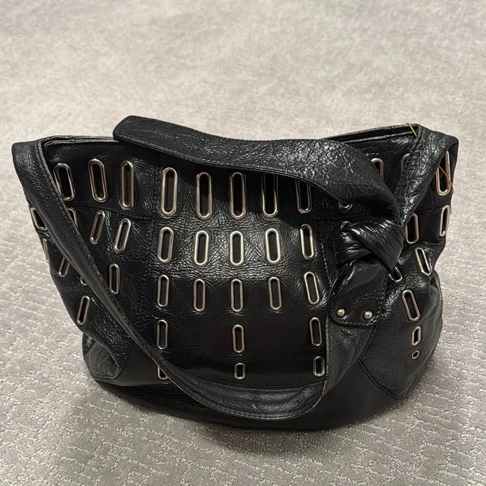 Jimmy Choo Black Leather Shoulder Bag with Metallic Embellishments